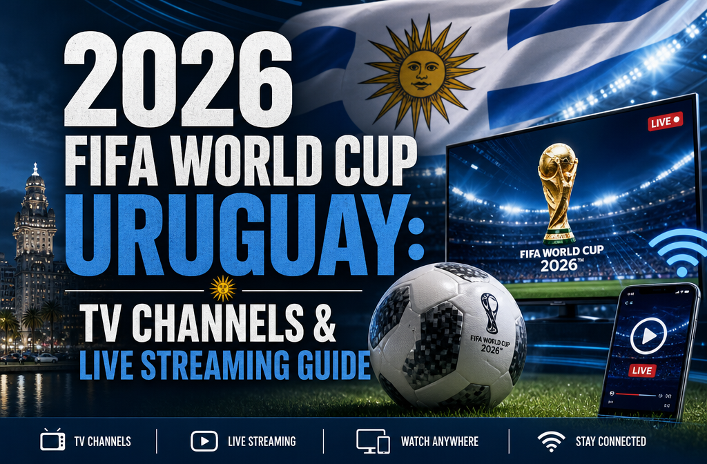 "2026 FIFA World Cup Uruguay: TV Channels & Live Streaming Guide". Modern design, , , aesthetic. Background imagery relevant