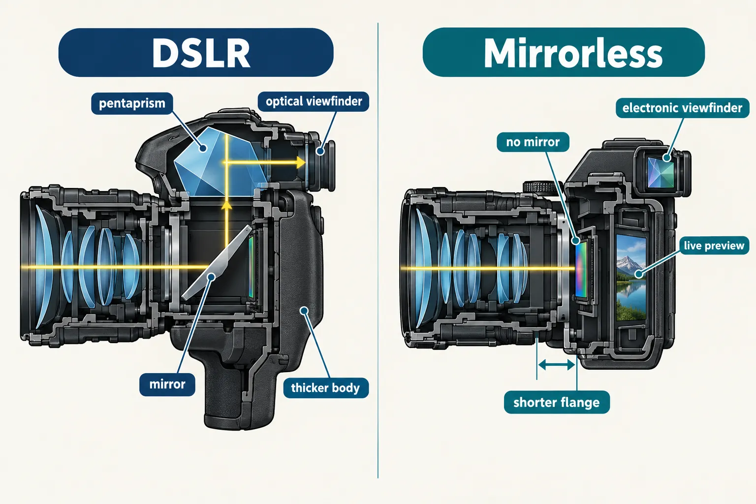 What is a mirrorless camera, and how does it differ from a DSLR?