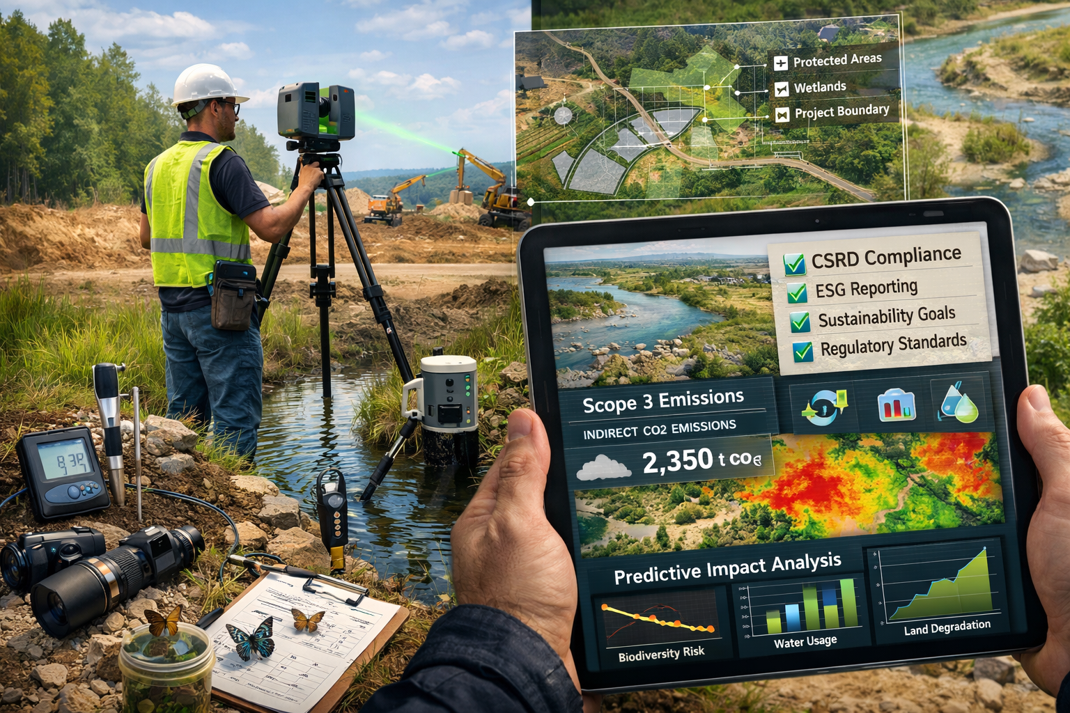 Detailed landscape format (1536x1024) image showing modern environmental surveying technology in action: surveyor using advanced LiDAR scann