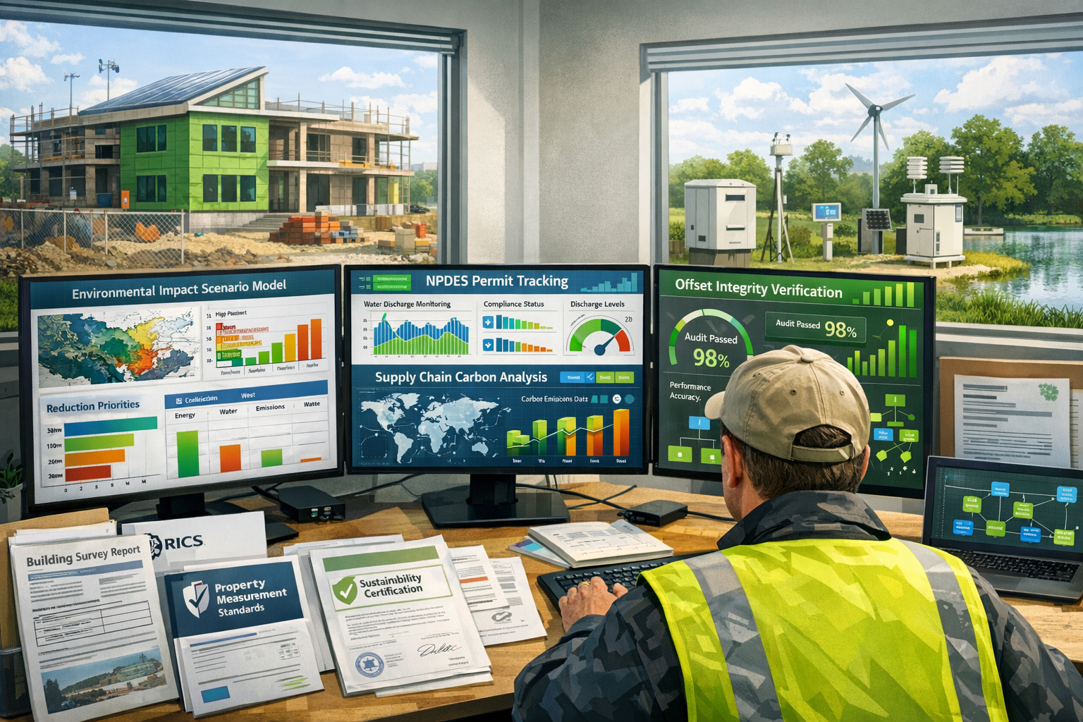 Detailed landscape format (1536x1024) image showcasing integrated environmental impact forecasting tools and sustainable development workflo