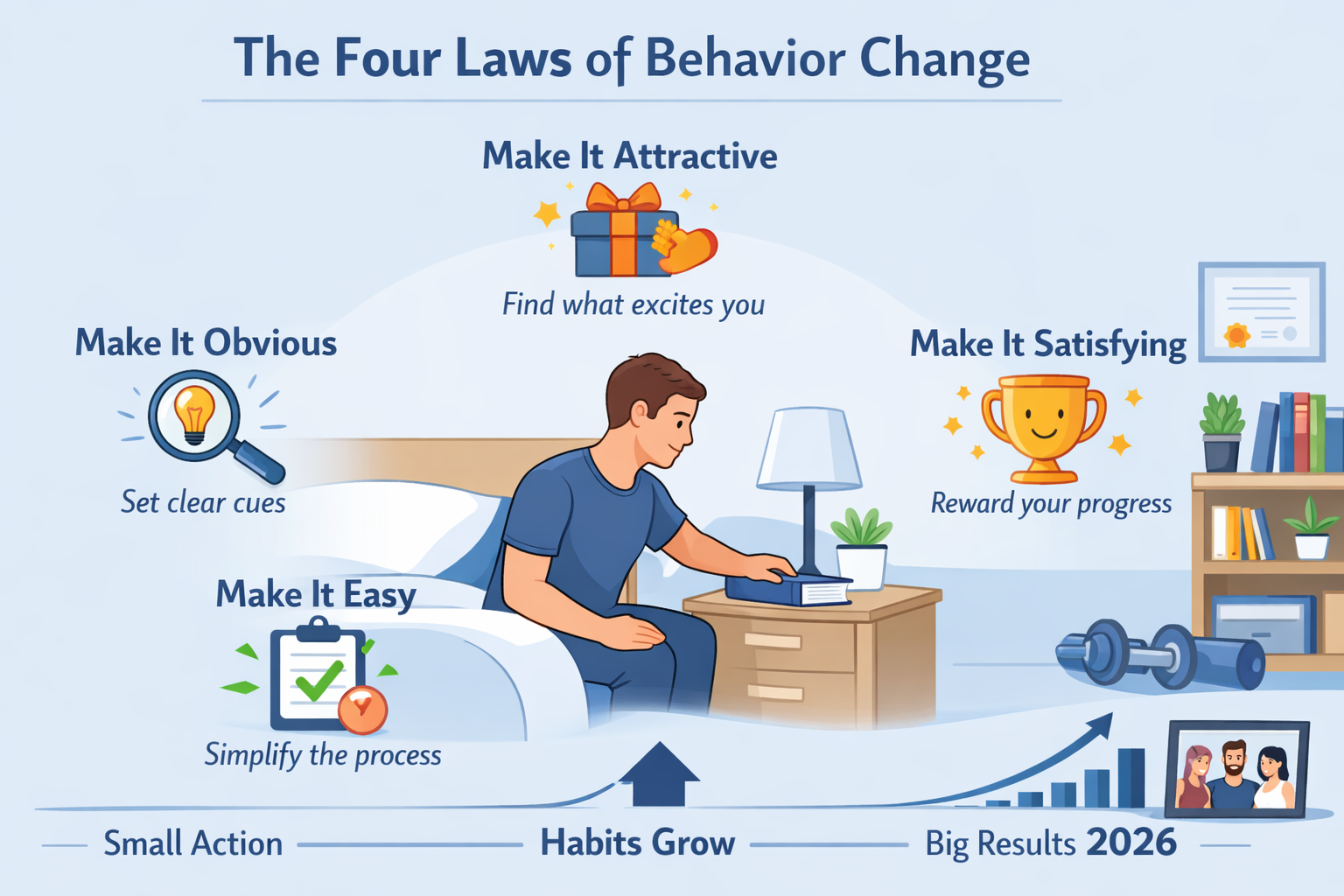 5 Proven Atomic Habits in 2026 for Massive Growth 2 Landscape format (1536x1024) image illustrating the Four Laws of Behavior Change in a clean, infographic style. Each law (Make It Obvious, M