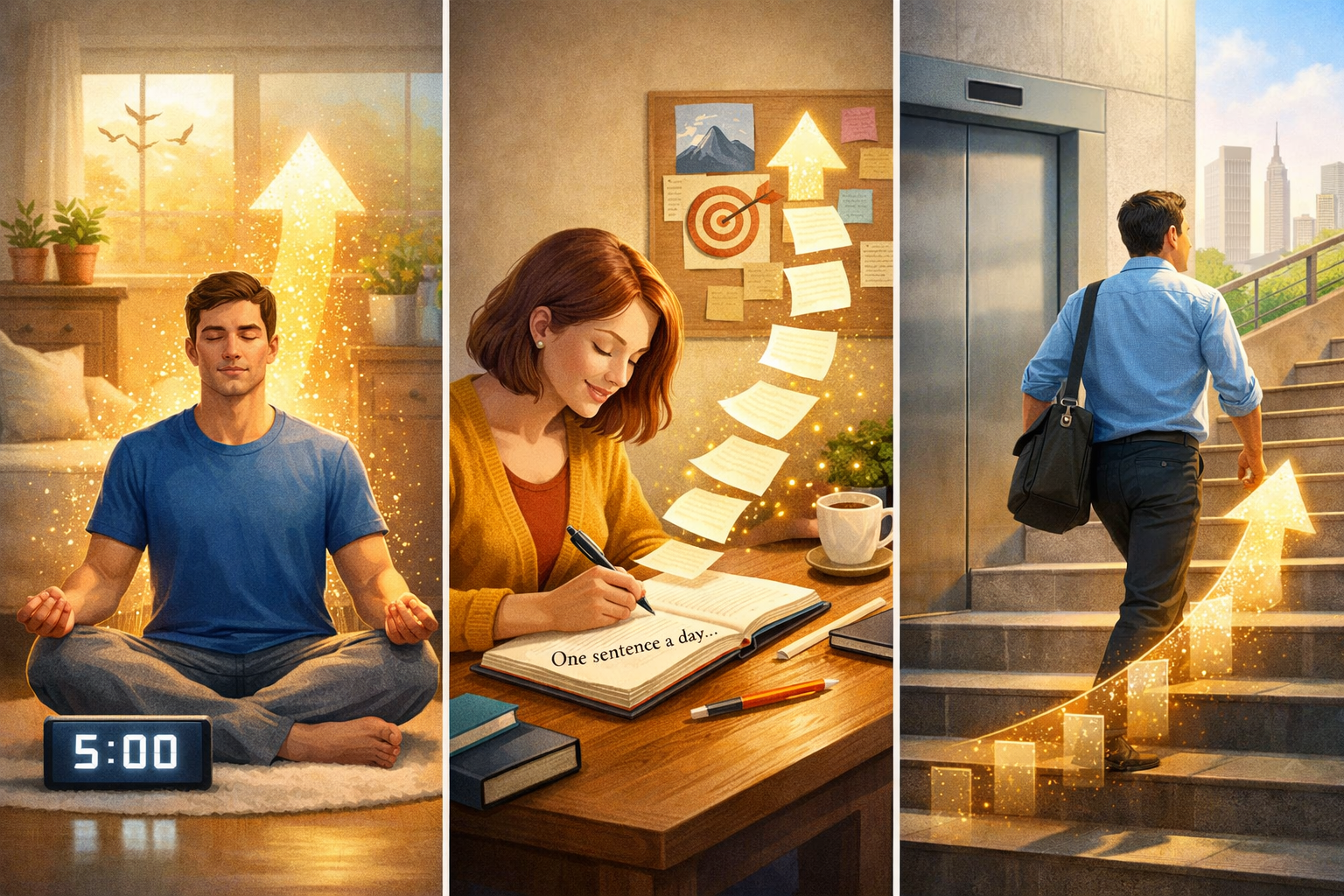 5 Proven Atomic Habits in 2026 for Massive Growth 3 Landscape format (1536x1024) image showcasing various 2026 real-world examples of tiny habit changes leading to massive personal growth. Thi