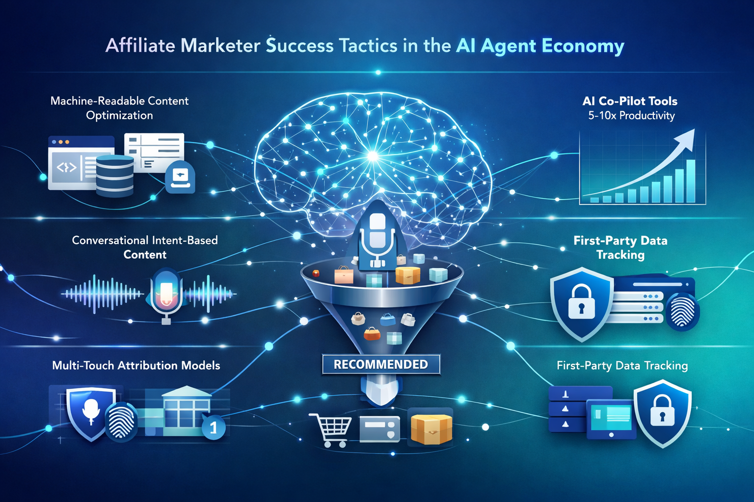 Landscape format (1536x1024) strategic framework visualization showing affiliate marketer success tactics in AI agent economy. Center displa