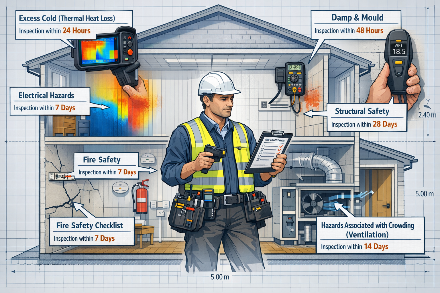Detailed () technical illustration showing building surveyor conducting multi-hazard inspection protocol. Scene depicts