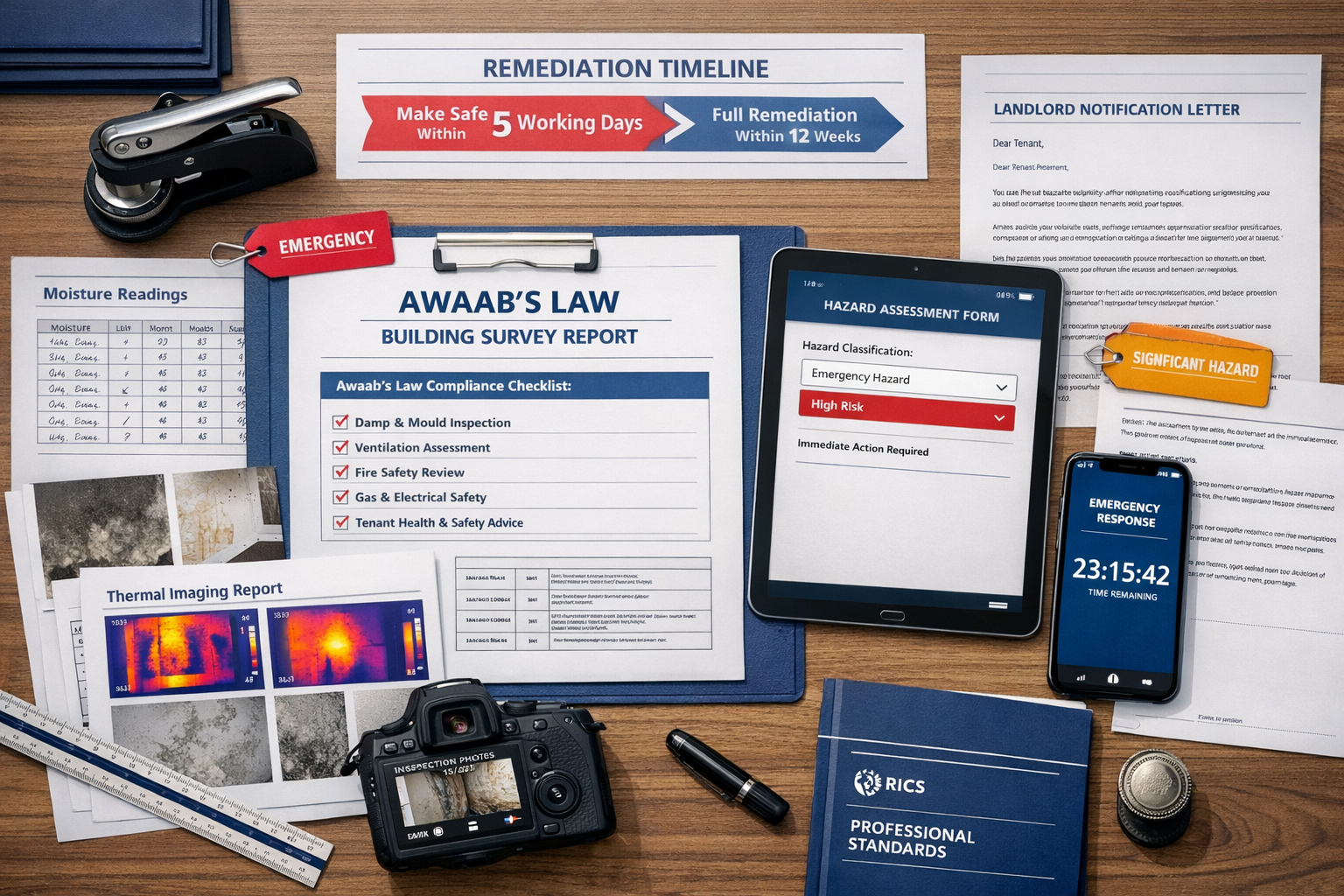 Detailed () professional documentation and compliance workflow visualization. Central composition shows desk workspace from