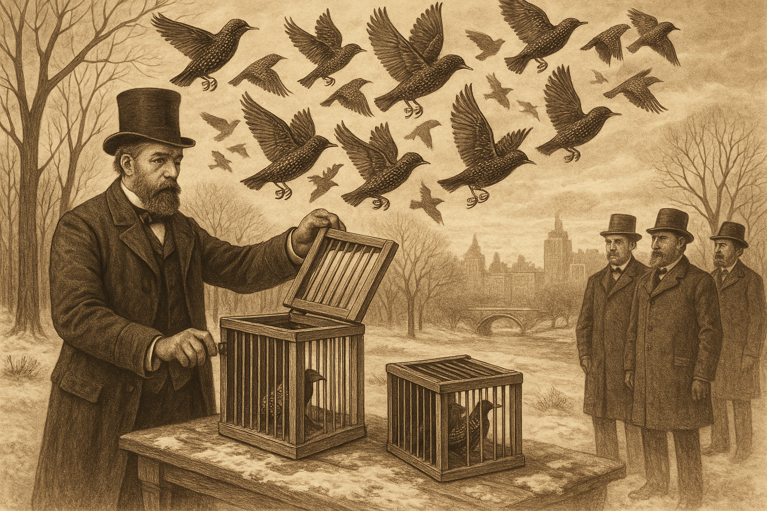 Historical illustration of Eugene Schieffelin releasing European starlings in Central Park New York City 1890, Victorian-era gentleman in pe
