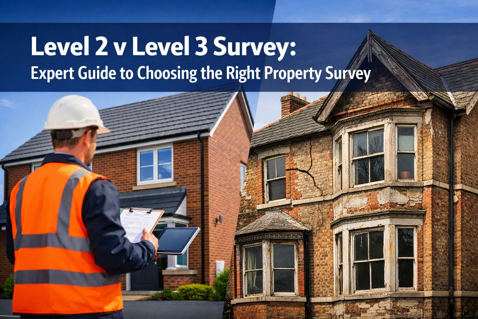 Professional landscape hero image (1536x1024) featuring bold text overlay 'Level 2 v Level 3 Survey: Expert Guide to Choosing the Right Prop