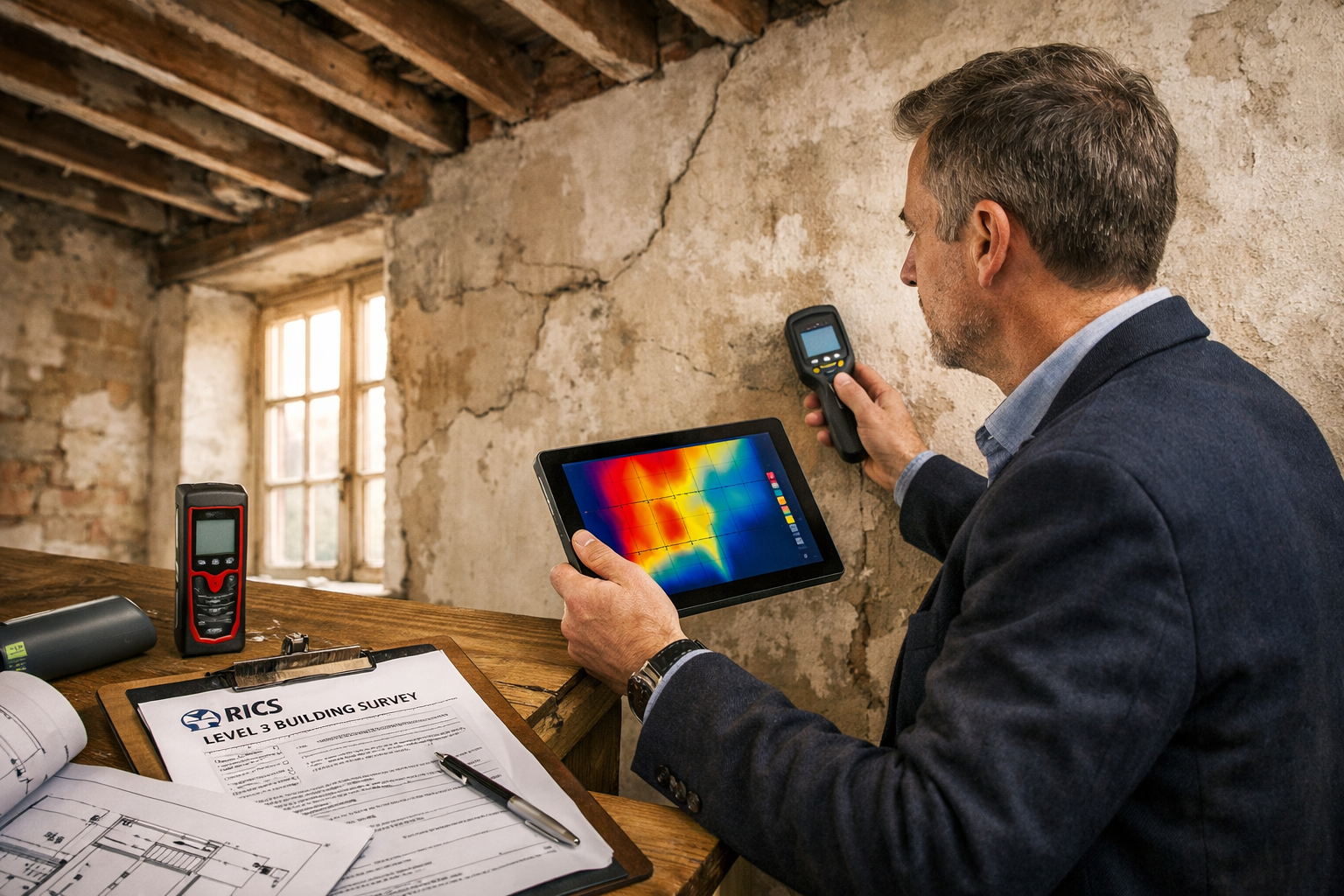 Detailed landscape editorial photograph (1536x1024) showing professional RICS chartered surveyor conducting detailed property inspection in 