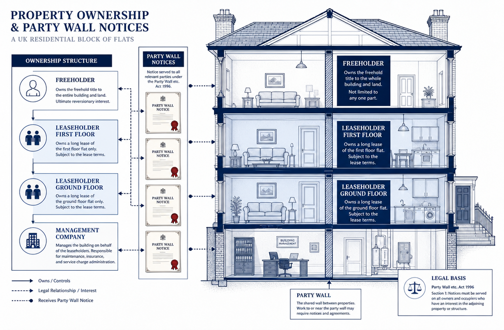 Detailed () editorial illustration showing a layered ownership diagram of a UK residential block of flats: a cross-section
