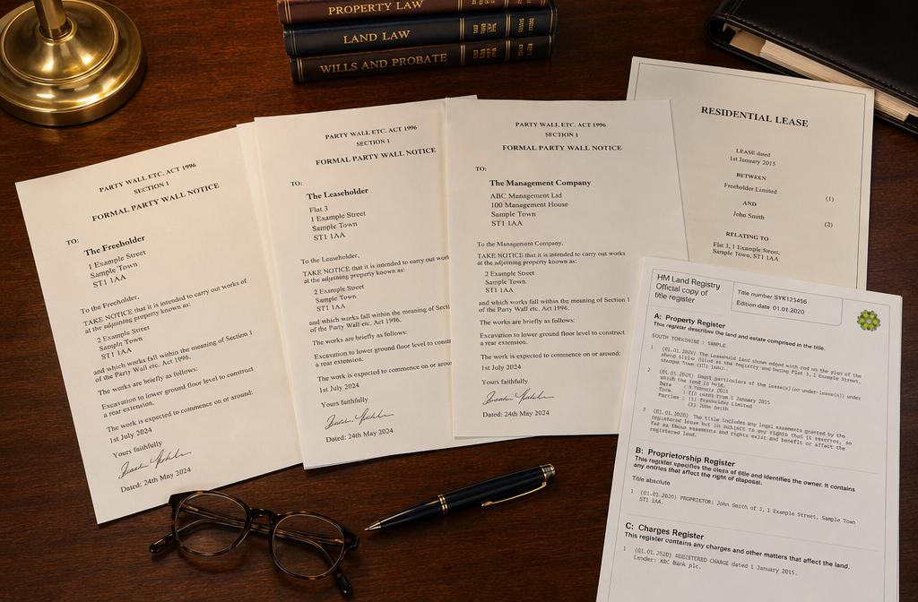 () close-up overhead flat-lay photograph of a solicitor's desk showing multiple formal party wall notice documents fanned