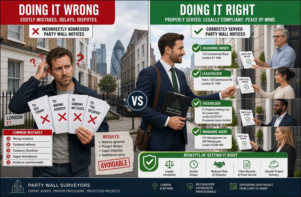 () split-scene infographic showing common pitfalls when serving party wall notices on mixed ownership buildings: left panel