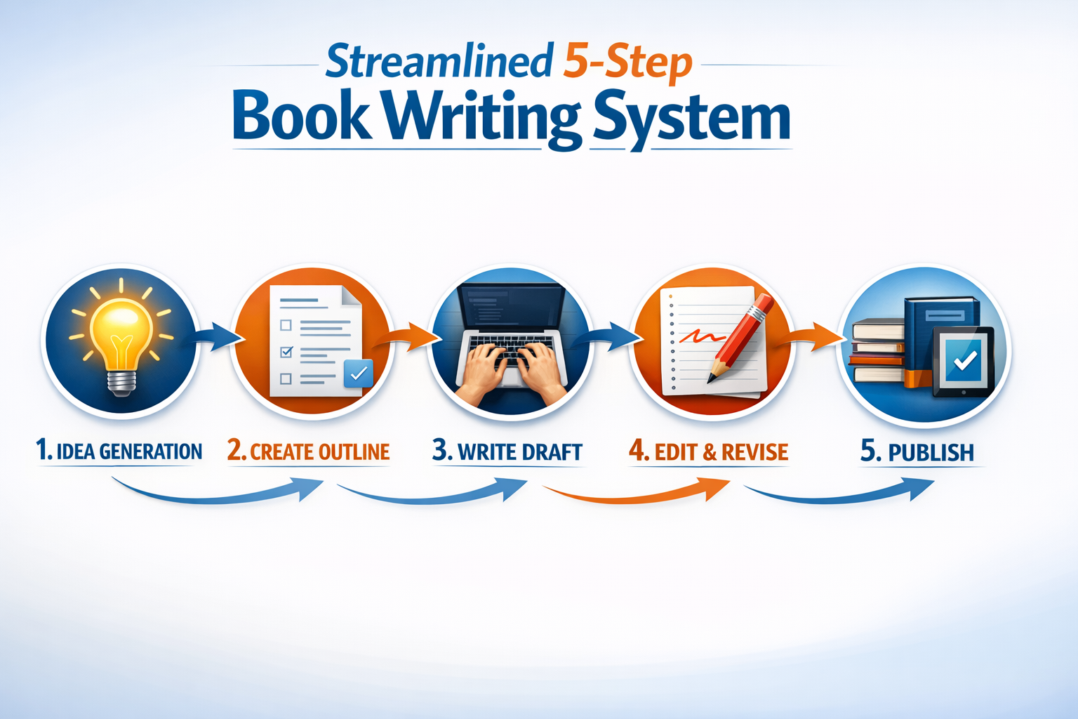 () detailed infographic showing a streamlined 5-step book writing system with numbered circular icons connected by flowing