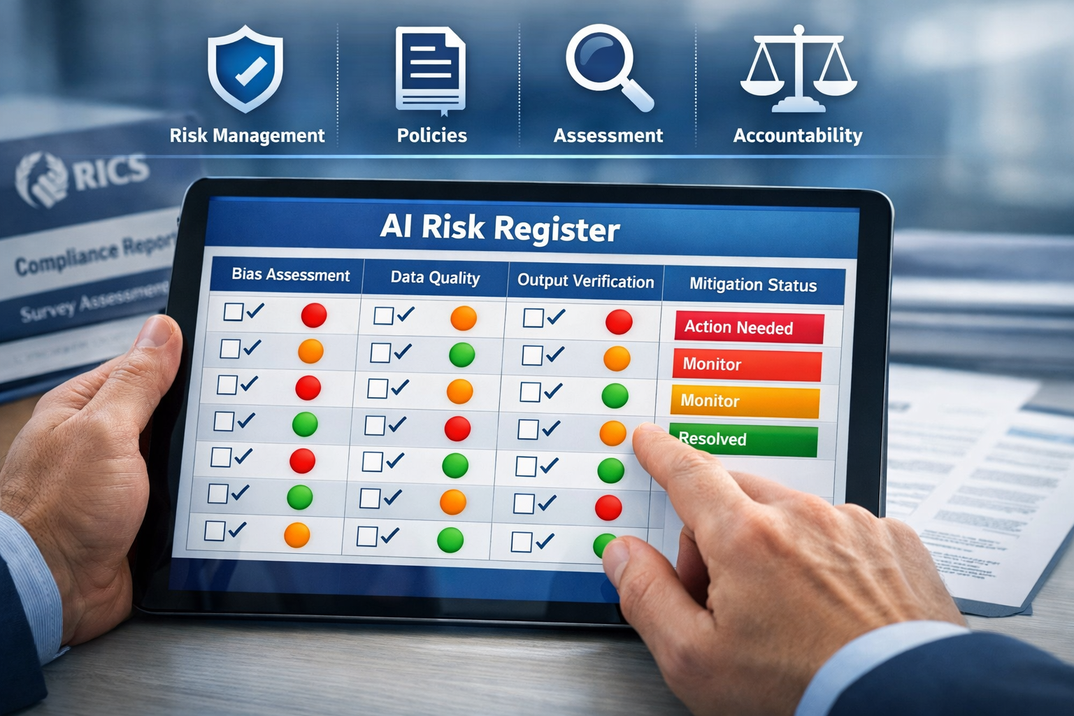 Detailed () image showing close-up of digital tablet displaying AI risk register dashboard with multiple columns labeled