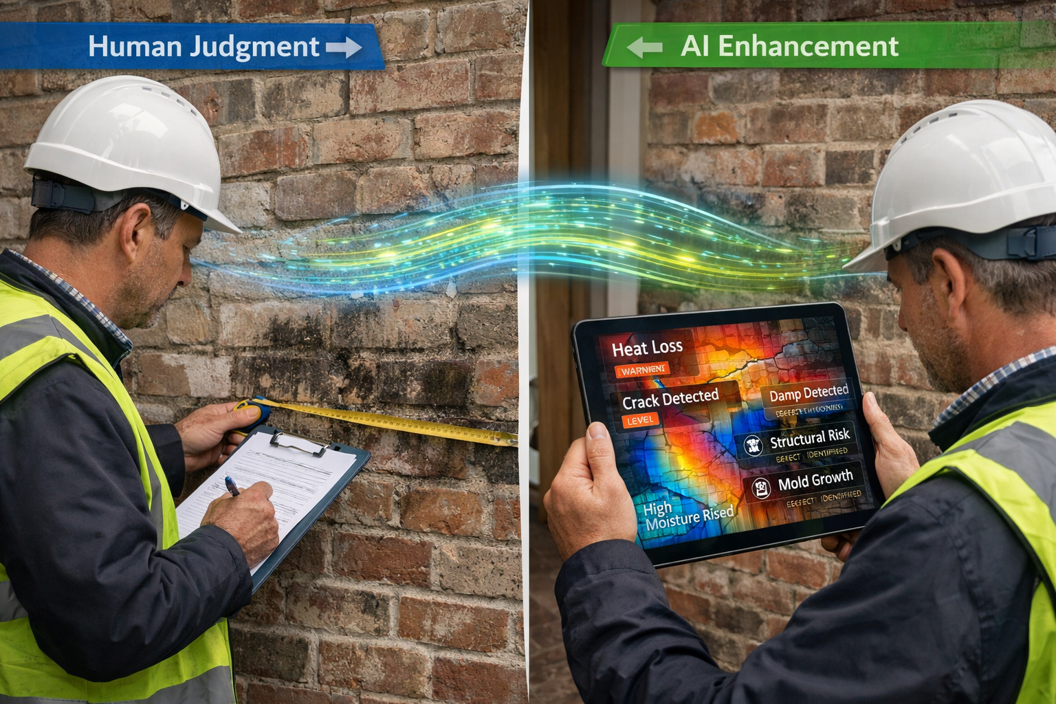 Detailed () image depicting split-screen comparison: left side shows traditional building survey scene with surveyor using