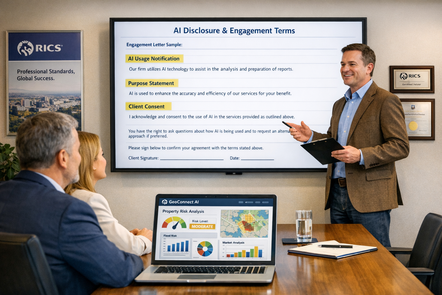 Detailed () image showing professional meeting room scene with surveyor presenting to clients, large wall-mounted screen