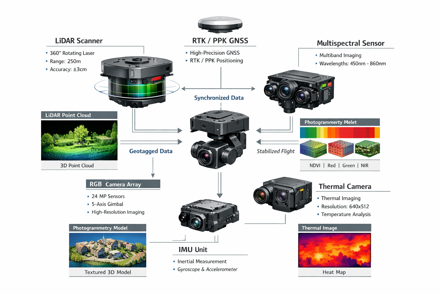 Detailed landscape format (1536x1024) technical illustration showing synchronized multi-sensor drone system components in exploded view: LiD