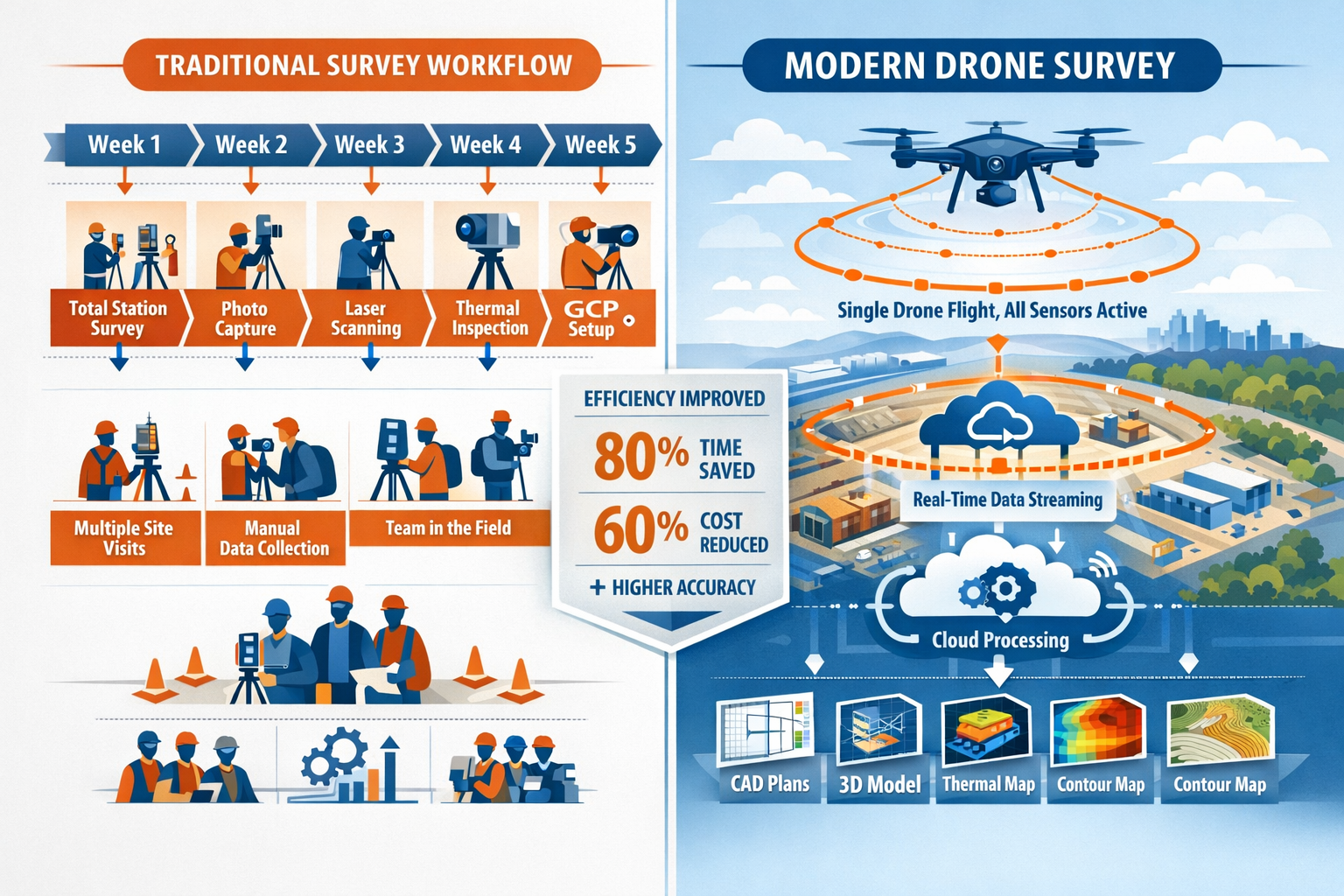 Detailed landscape format (1536x1024) split-screen comparison visualization showing traditional multi-visit surveying workflow versus modern