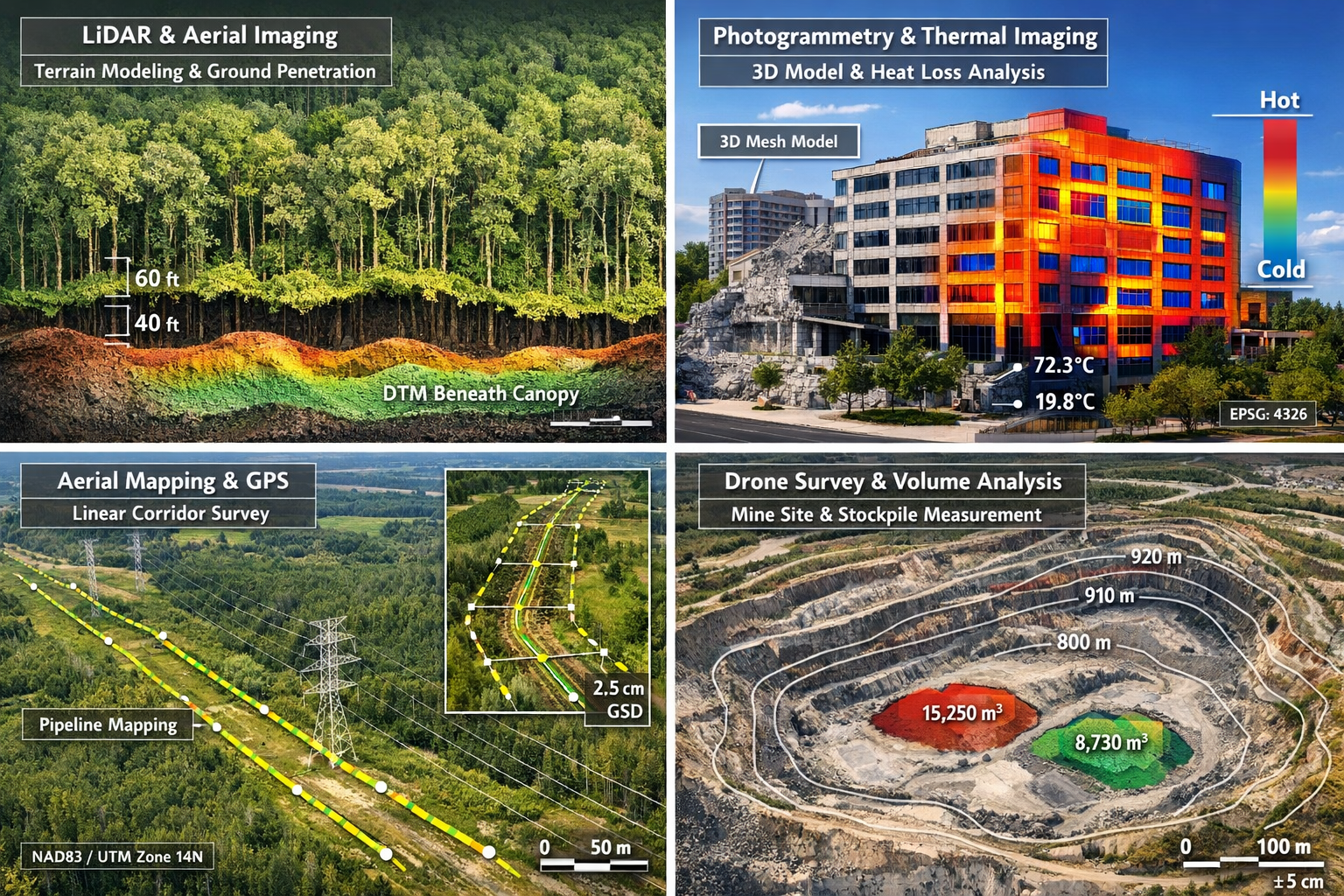 Detailed landscape format (1536x1024) real-world application showcase displaying four distinct property survey scenarios in quadrant layout: