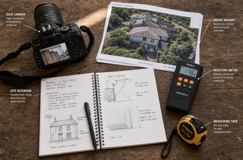 Detailed () showing a building surveyor's field kit spread on a weathered wooden table: spiral-bound site notebook with