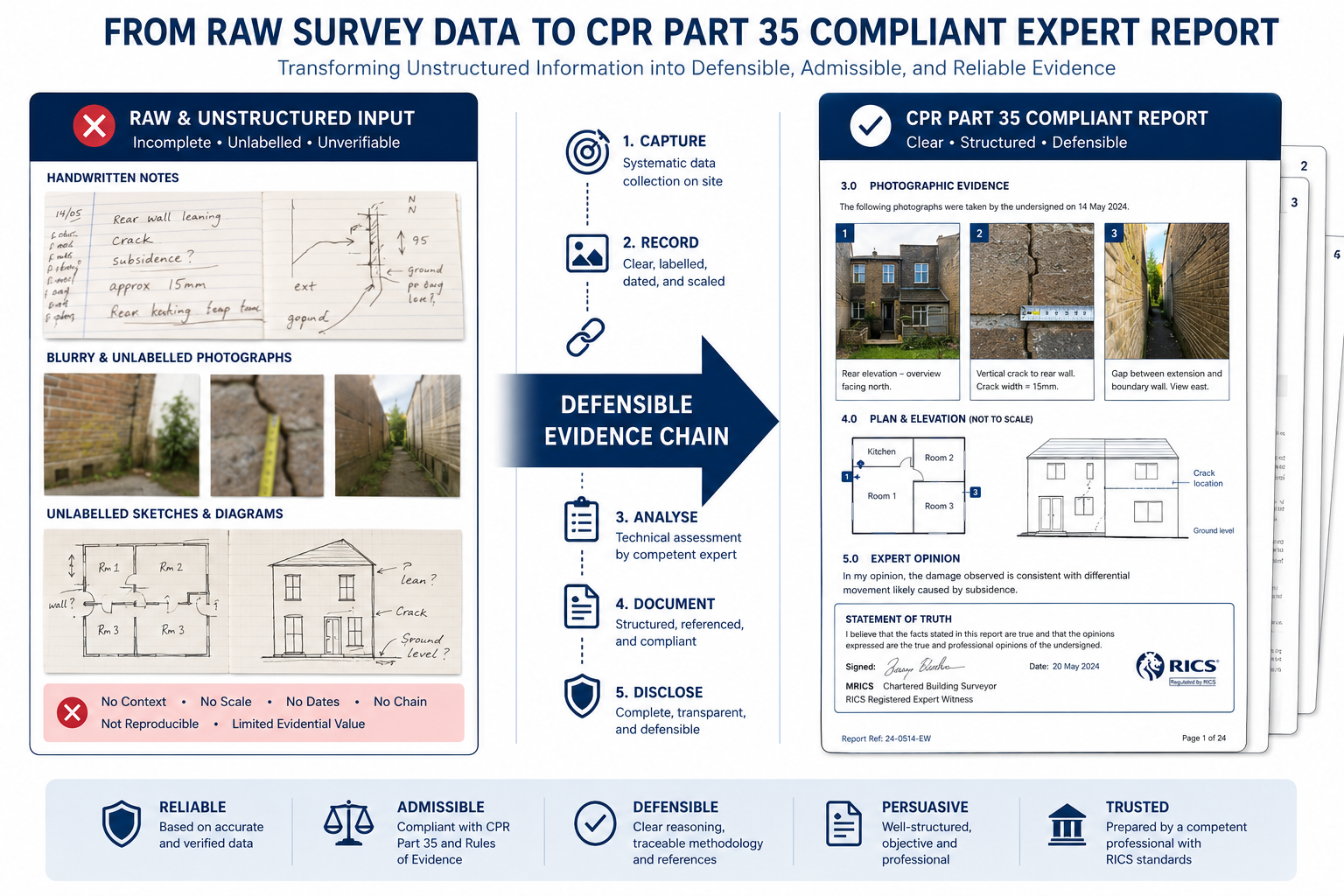Detailed () depicting a structured comparison infographic showing the journey from raw survey data to CPR Part 35 compliant
