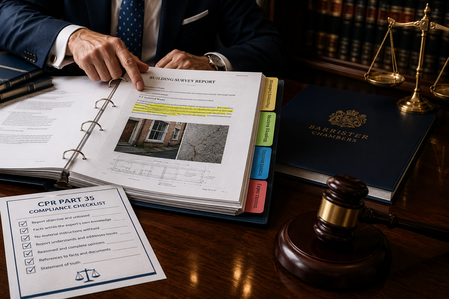 Detailed () showing a formal legal setting: a polished mahogany conference table with an open court bundle, tabbed dividers