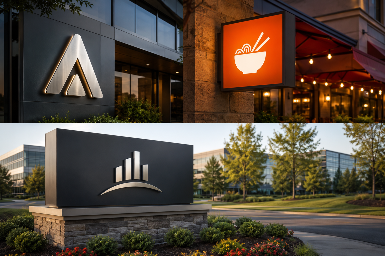 Collection of custom business sign types shown in context: a metal dimensional letter office sign, a lightbox restaurant sign, and a monument sign at a corporate park entrance