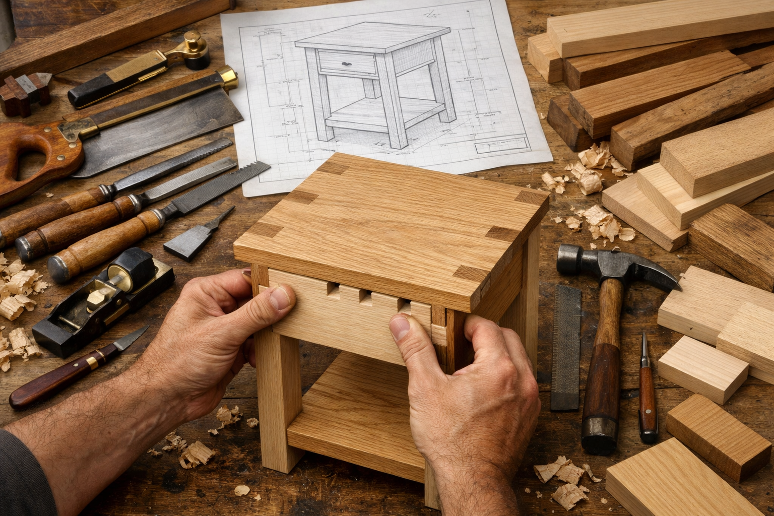 Landscape format (1536x1024) image featuring a diverse collection of woodworking hand tools neatly arranged around a partially assembled end
