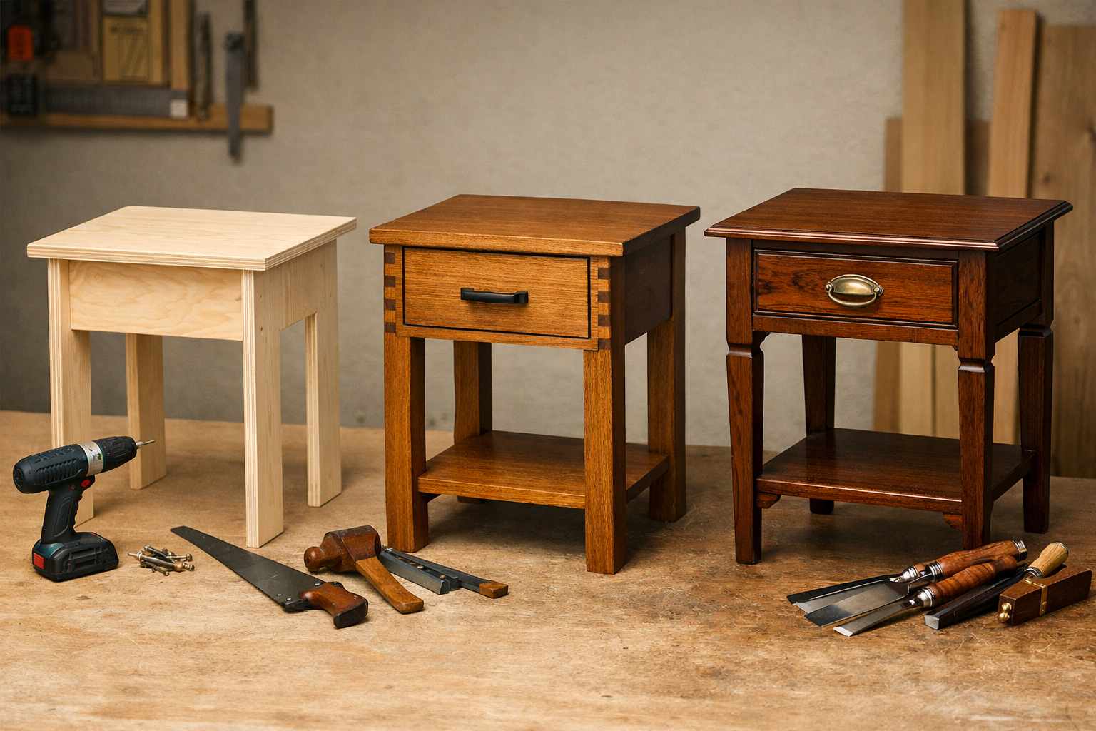 Landscape format (1536x1024) image showcasing three distinct DIY end table designs side-by-side: a simple, minimalist flat-pack style table