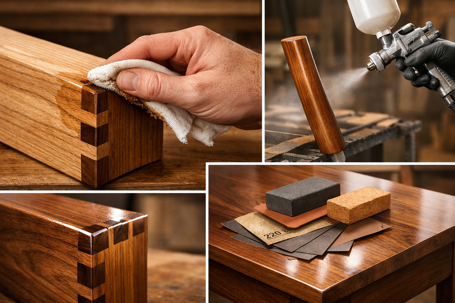 Landscape format (1536x1024) image displaying various wood finishes being applied to end table components. One section shows a hand applying