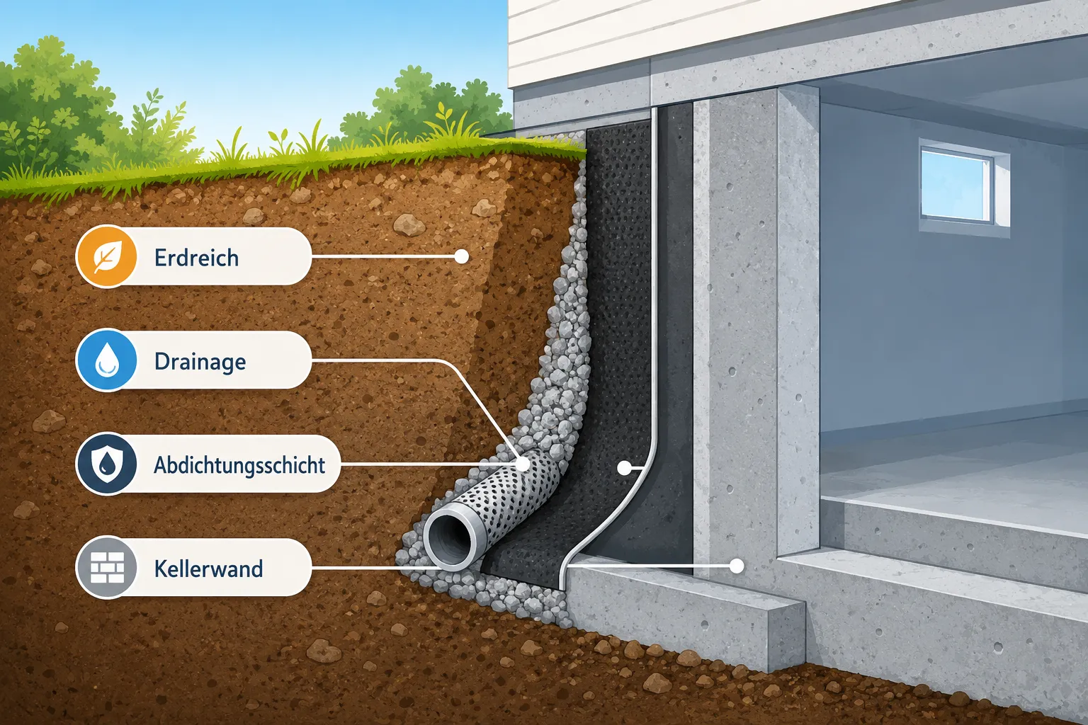 Editorial () flat-vector infographic illustration showing a cross-section of a house foundation — labeled layers in German: