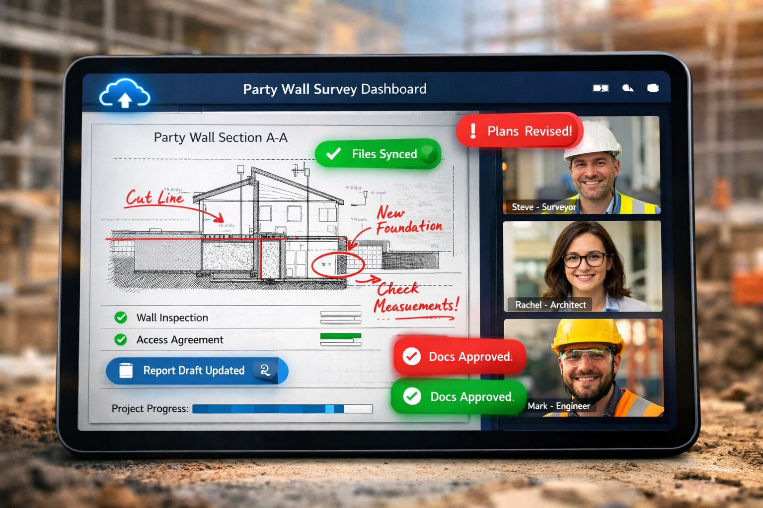 () editorial image showing close-up view of modern tablet device displaying interactive party wall survey dashboard with