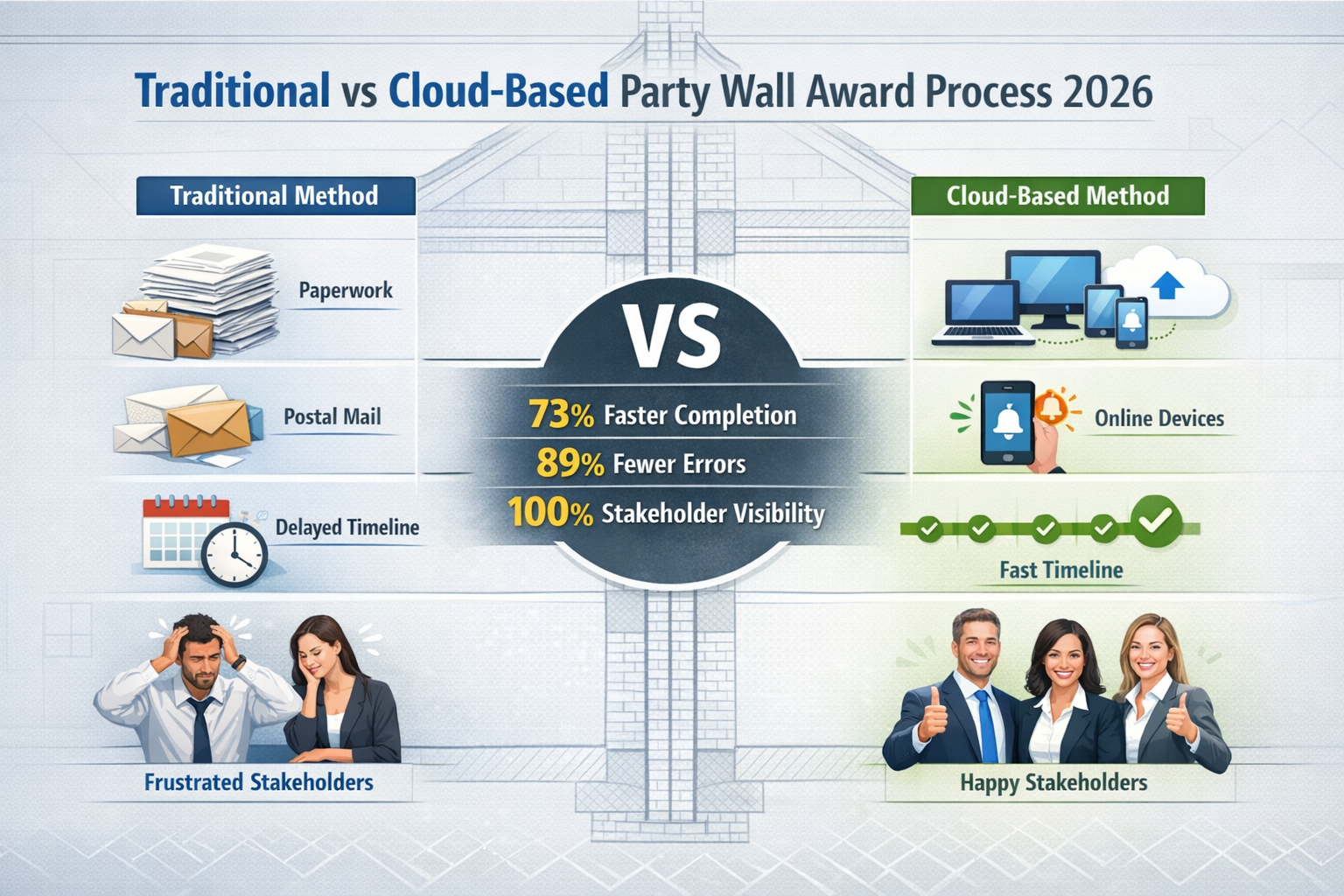 () infographic-style image displaying comparison chart titled 'Traditional vs Cloud-Based Party Wall Award Process 2026'.