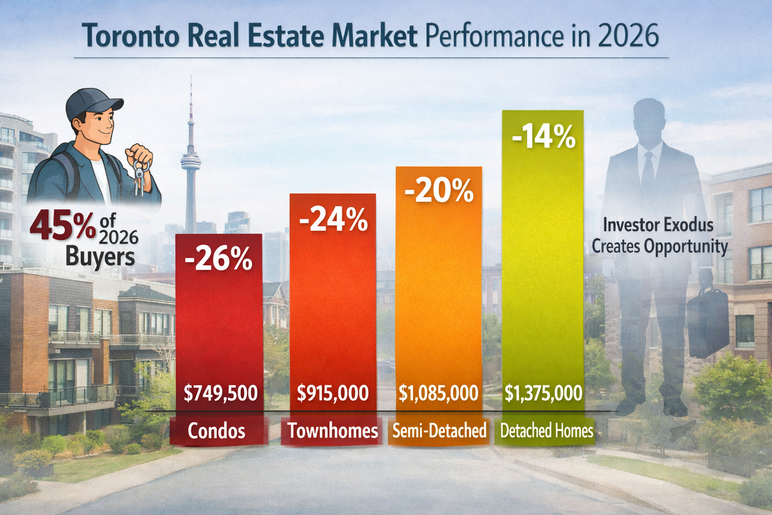 Landscape format (1536x1024) comparative chart showing property type performance in Toronto 2026 market. Four vertical bars representing Con