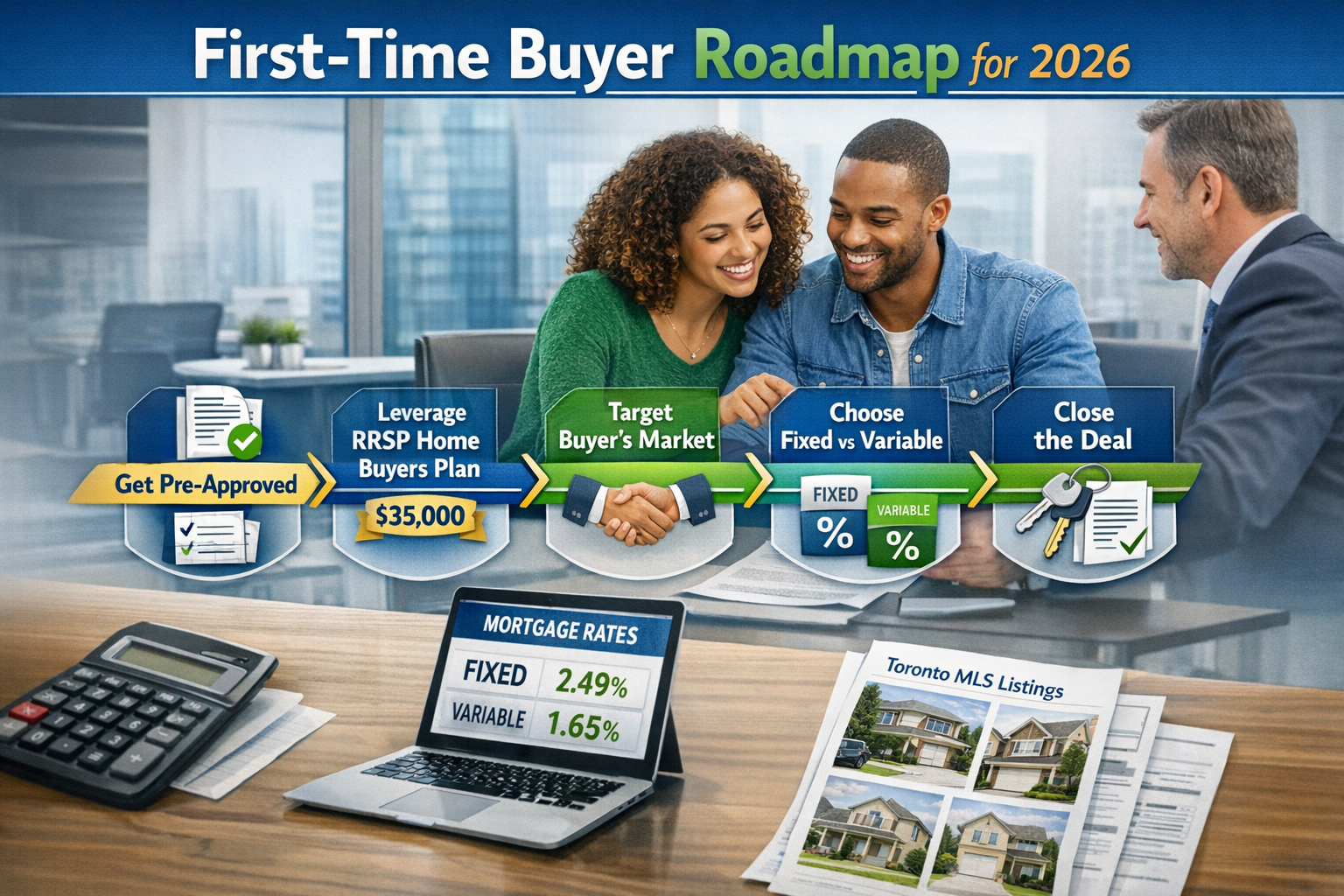 Landscape format (1536x1024) action-oriented strategic planning image showing first-time buyer roadmap for 2026. Center features timeline gr