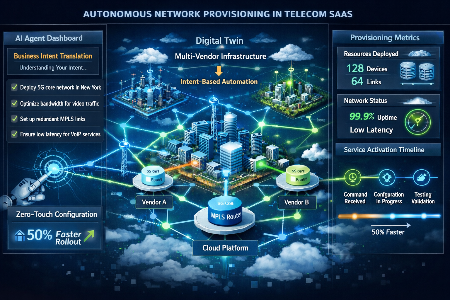 () detailed illustration showing autonomous network provisioning workflow in telecom SaaS environment. Split-screen