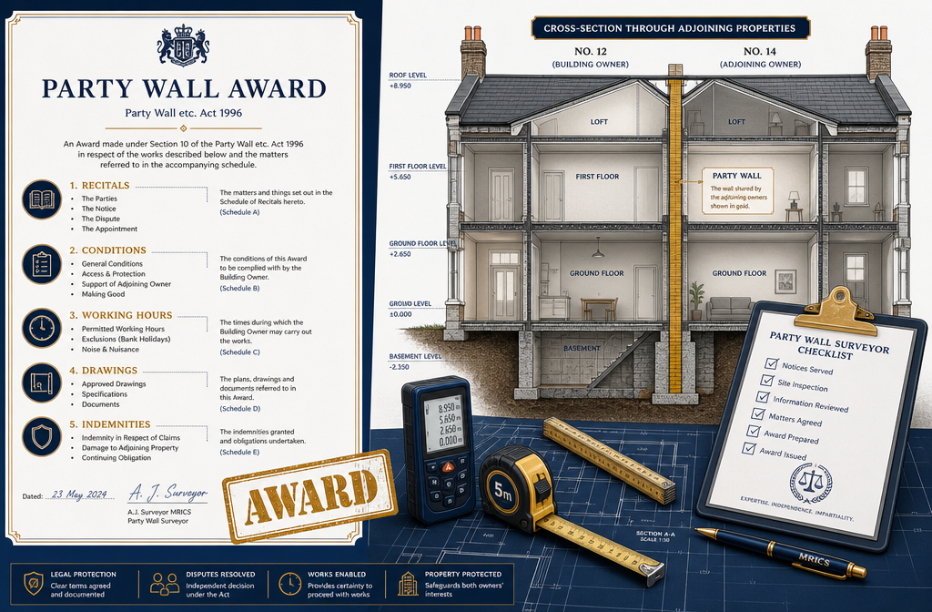 Detailed () infographic-style illustration showing the anatomy of a Party Wall Award document. Left side displays a formal
