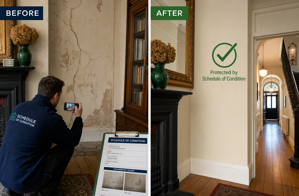 Detailed () showing a before-and-after comparison scene. Left panel: a surveyor photographing wall cracks and existing