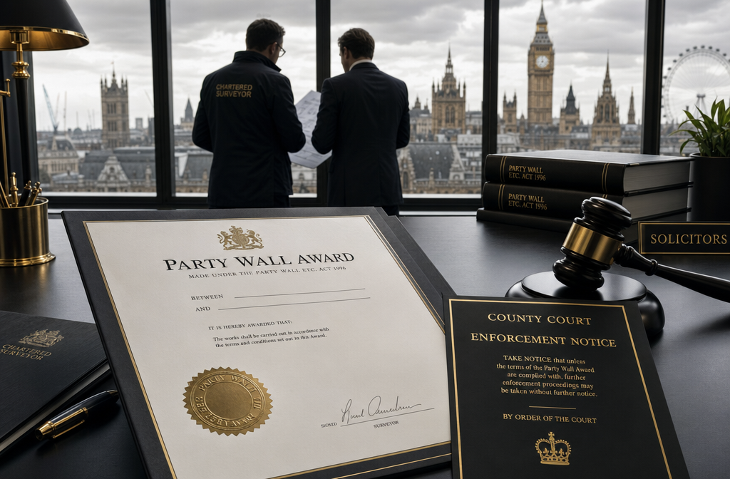 Detailed () courtroom-adjacent scene showing enforceability of party wall awards. A formal desk with a Party Wall Award