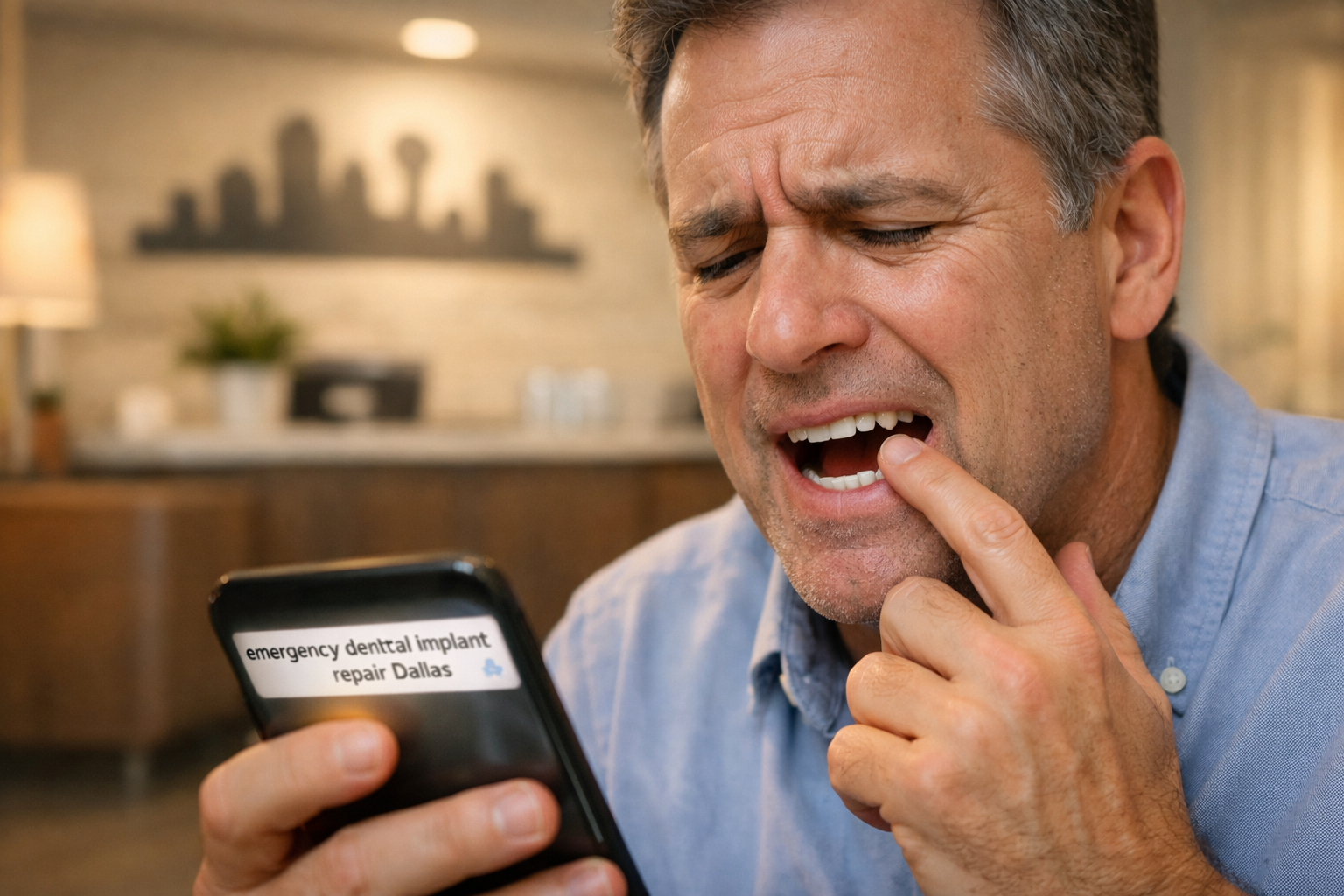 Detailed () image illustrating a close-up of a patient gently touching a loose dental implant crown while looking concerned,