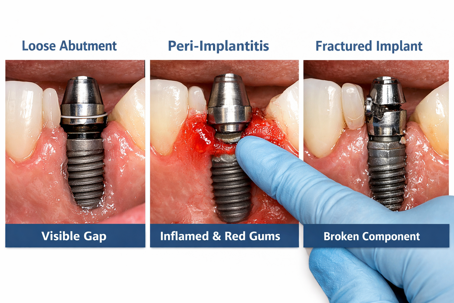 Detailed () image presenting a side-by-side visual comparison of different dental implant complications: one showing a loose