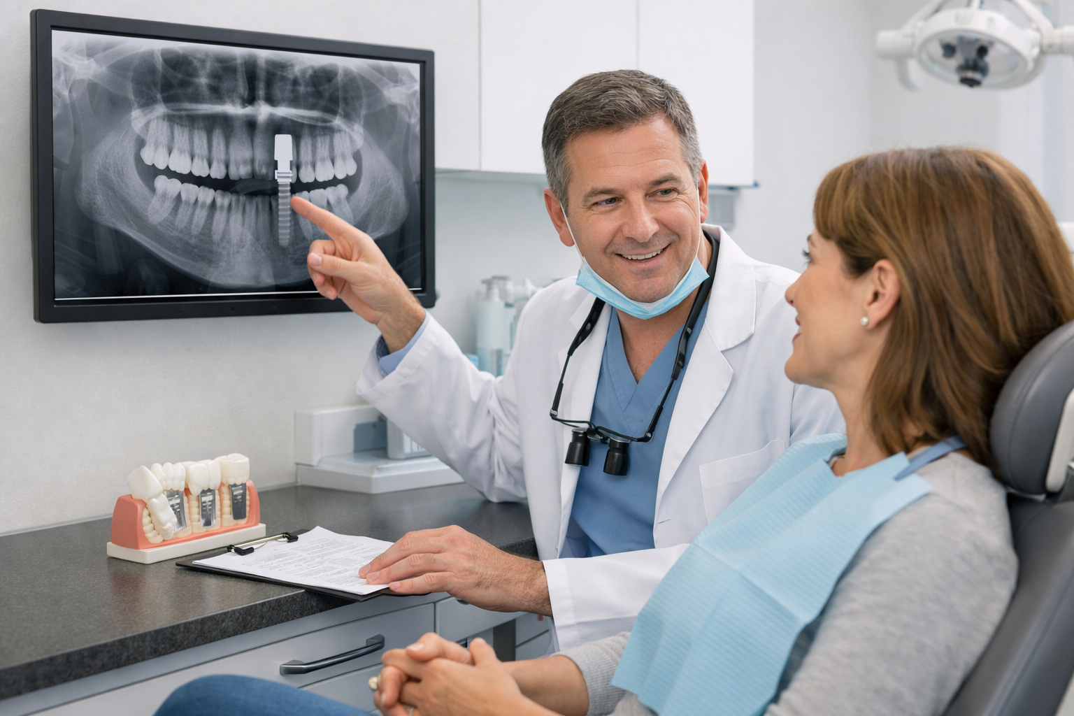 Detailed () image of a patient actively consulting with a Dallas dentist in a bright, with a digital X-ray displayed on a