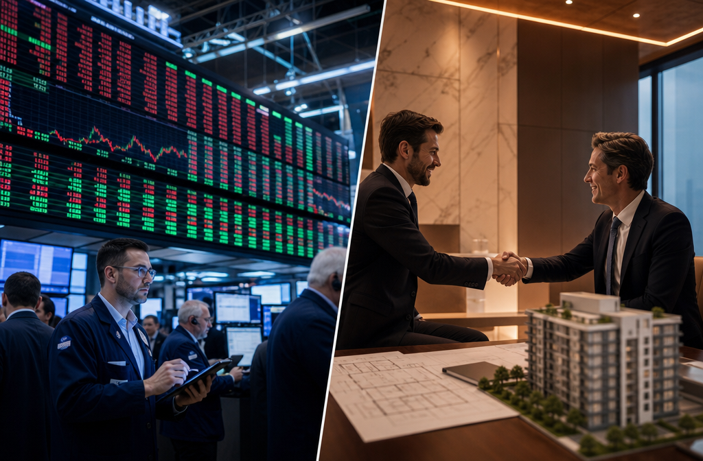 () editorial illustration showing a split-scene concept: left side depicts a busy public stock market ticker board with red