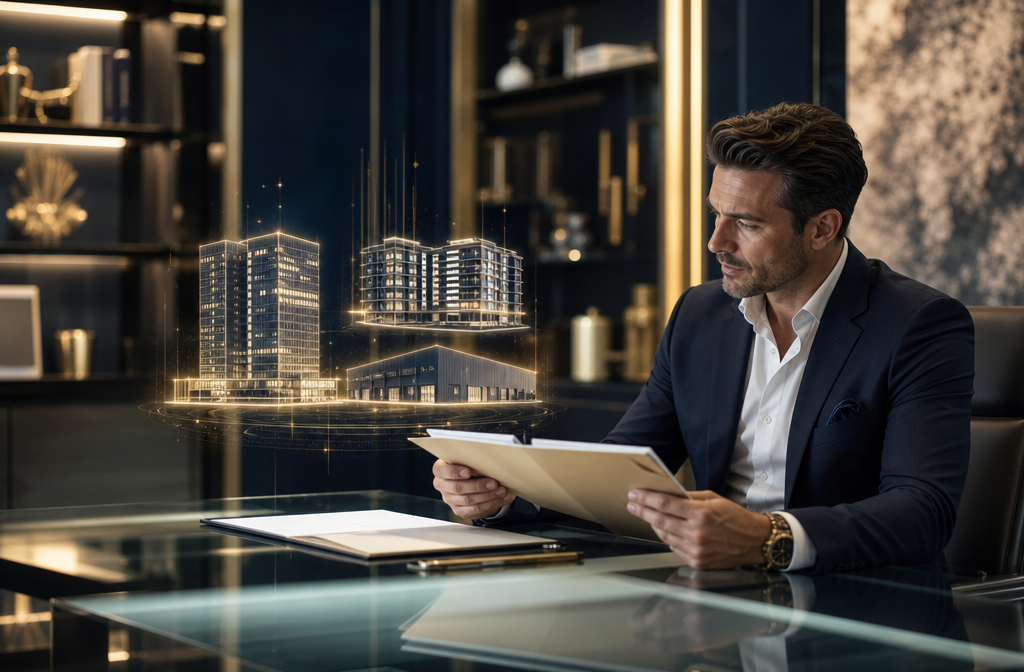 () editorial image showing a sophisticated investor reviewing a private real estate fund prospectus at a glass desk, with a