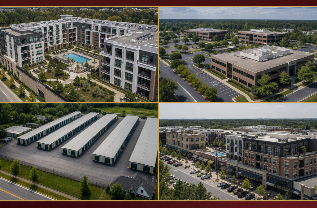 () aerial drone-style editorial photograph showing a diverse portfolio of private real estate assets from above &mdash; a luxury