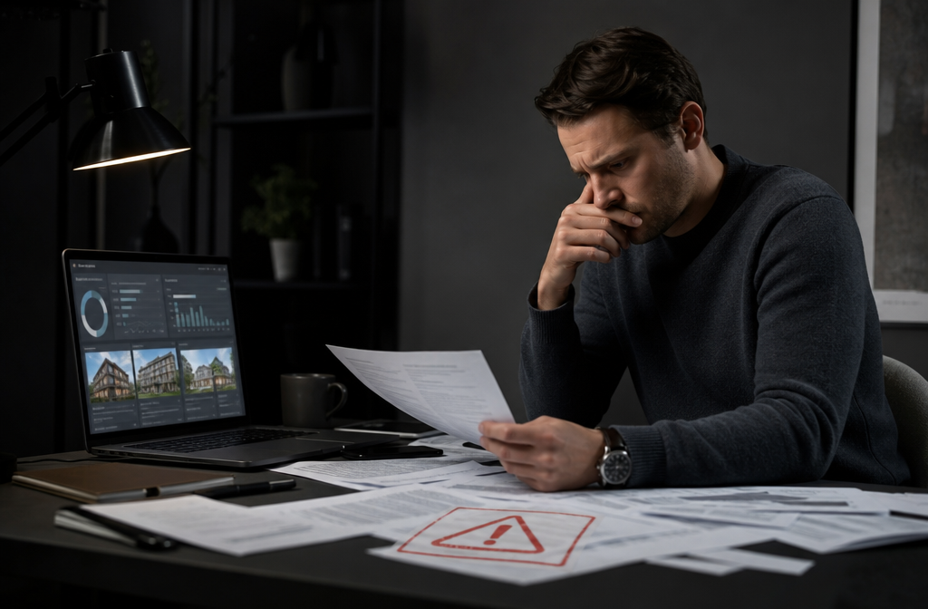 () editorial concept image depicting a cautionary scene: a new investor sitting alone at a minimalist desk surrounded by