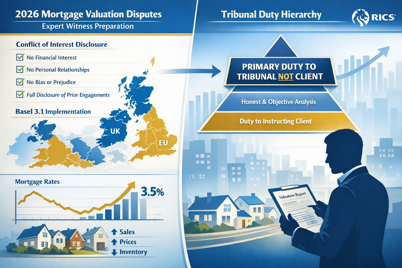 Detailed landscape format (1536x1024) infographic-style image illustrating expert witness preparation workflow for 2026 mortgage valuation d