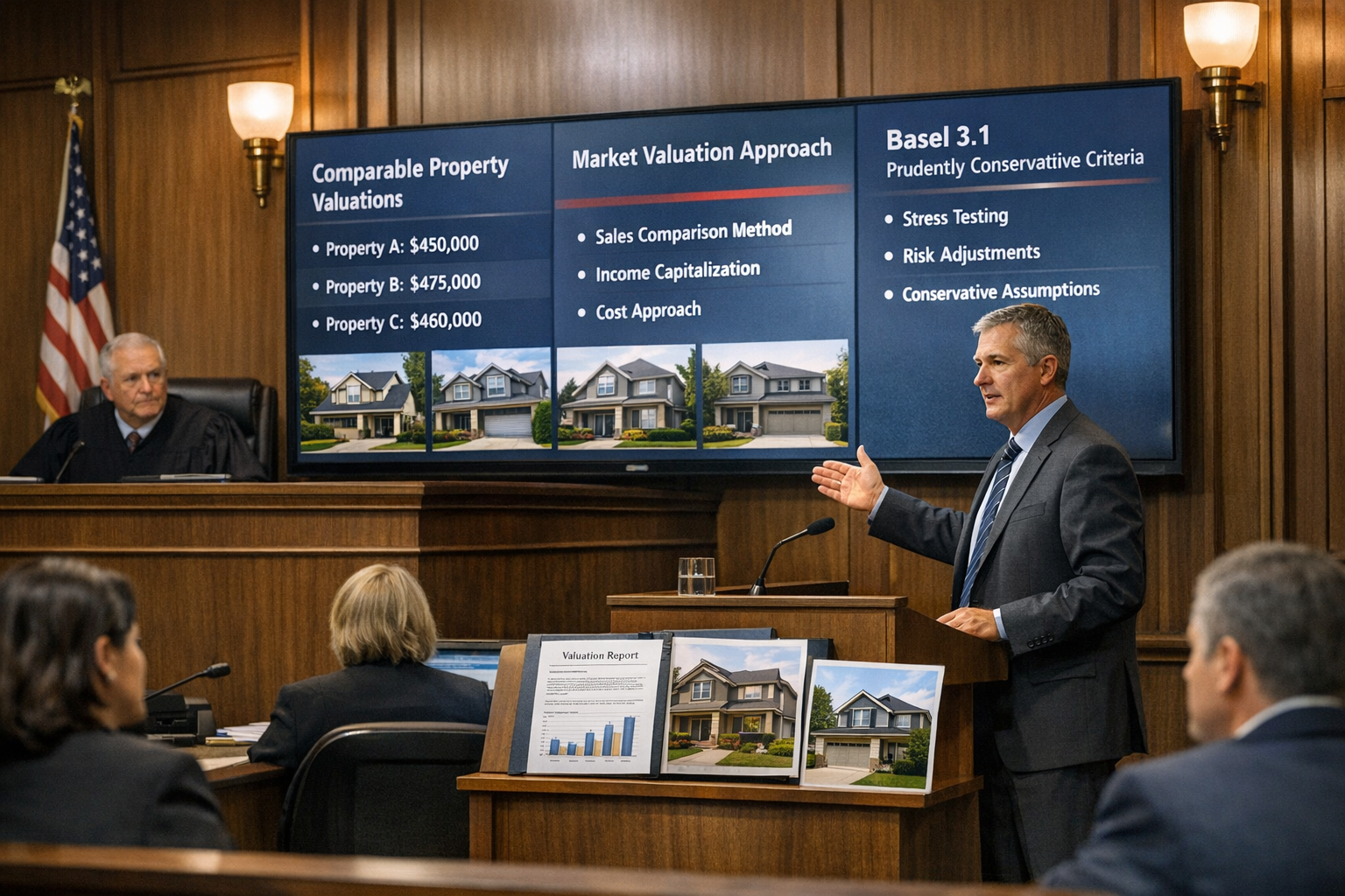 Detailed landscape format (1536x1024) courtroom scene showing expert witness testimony in mortgage valuation dispute, professional RICS surv