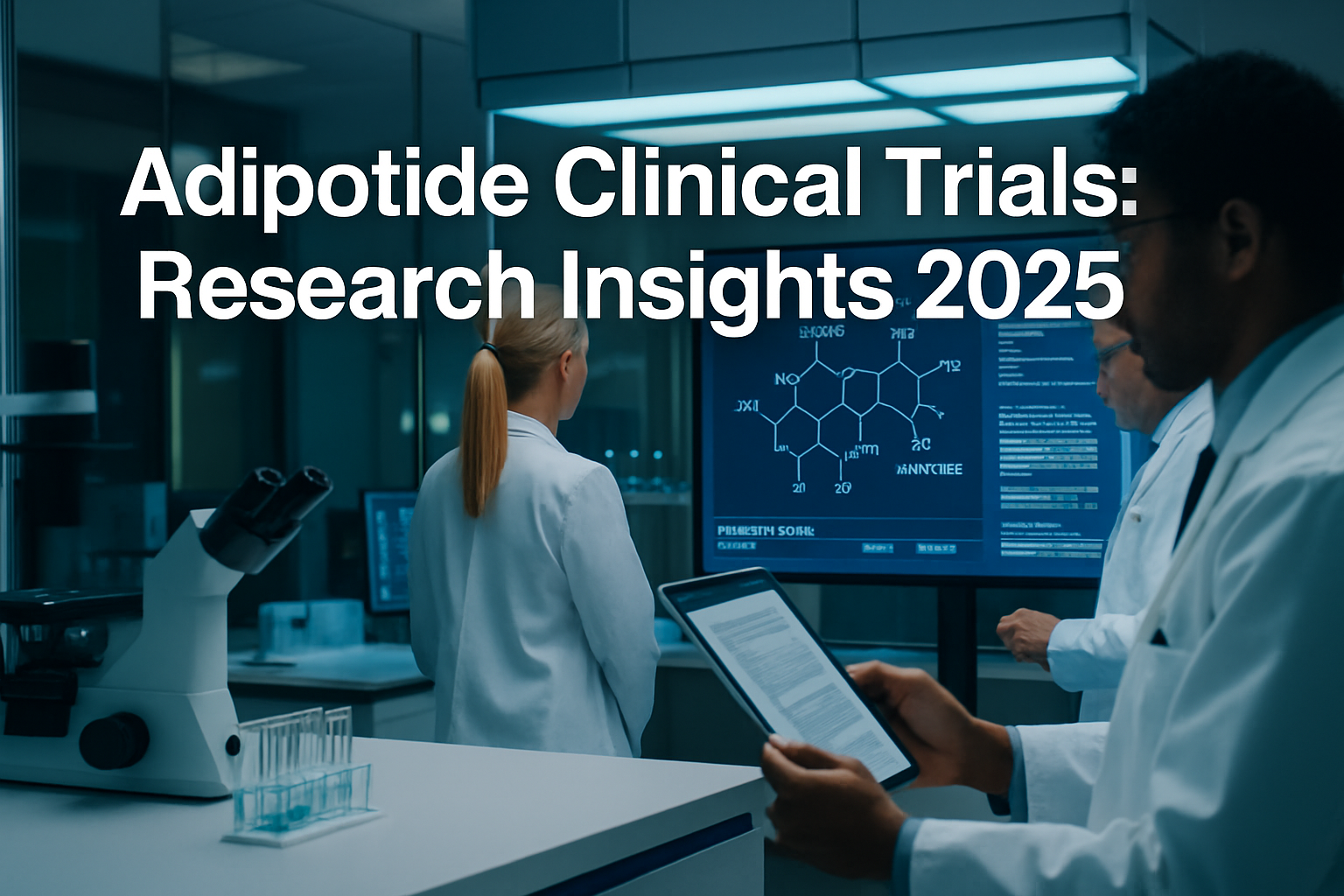 Professional landscape hero image (1536x1024) featuring bold text overlay 'Adipotide Clinical Trials: Research Insights 2025' in extra large