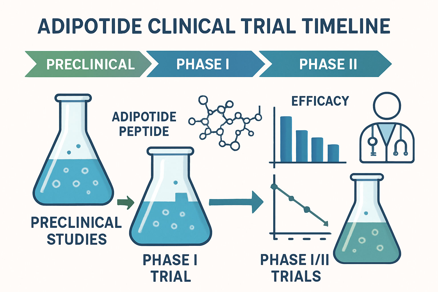 Detailed scientific infographic showing adipotide clinical trial timeline from preclinical studies through Phase I/II trials, featuring labo