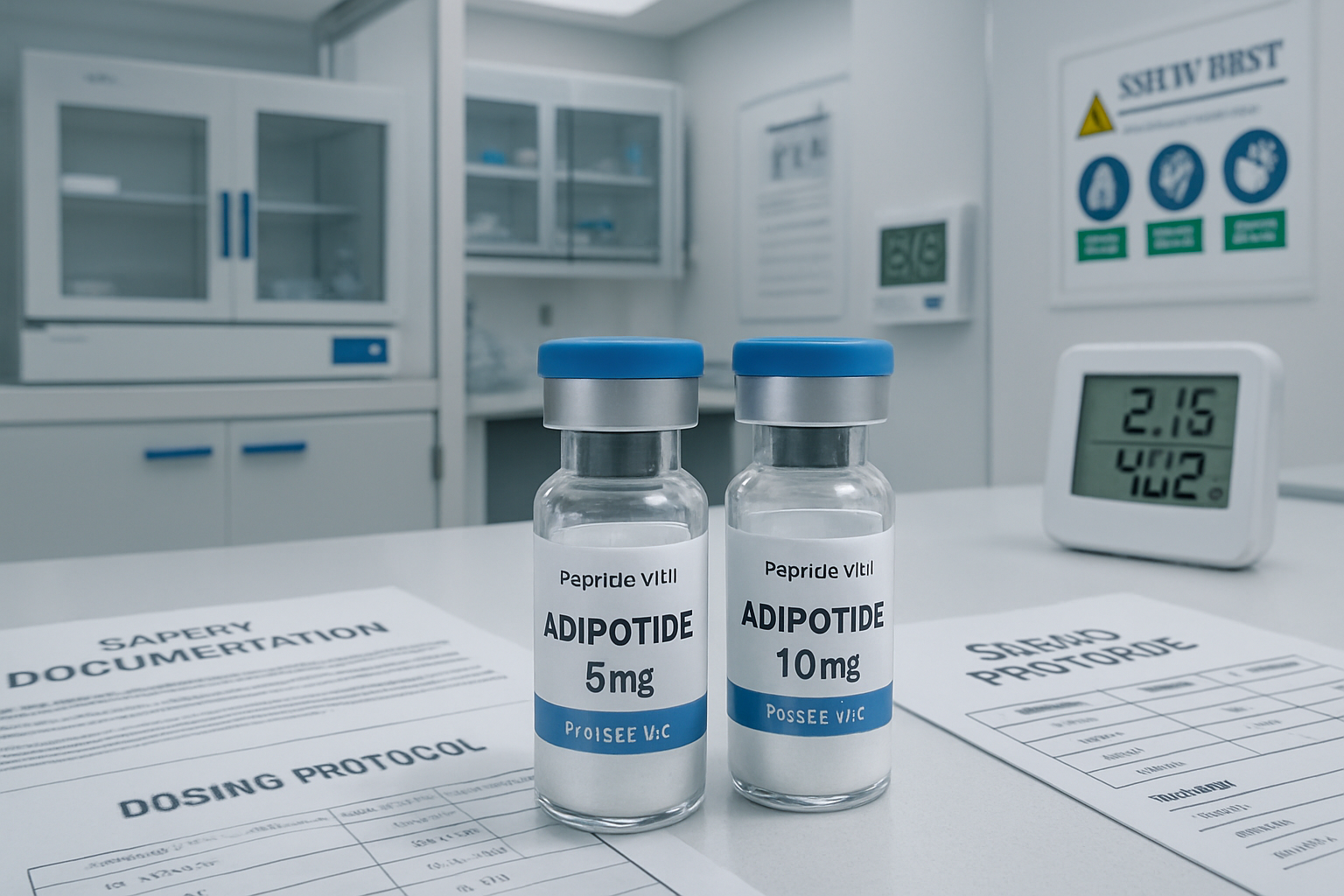 Professional laboratory scene showing peptide vials labeled 'Adipotide 5mg' and 'Adipotide 10mg' on sterile research bench, alongside safety